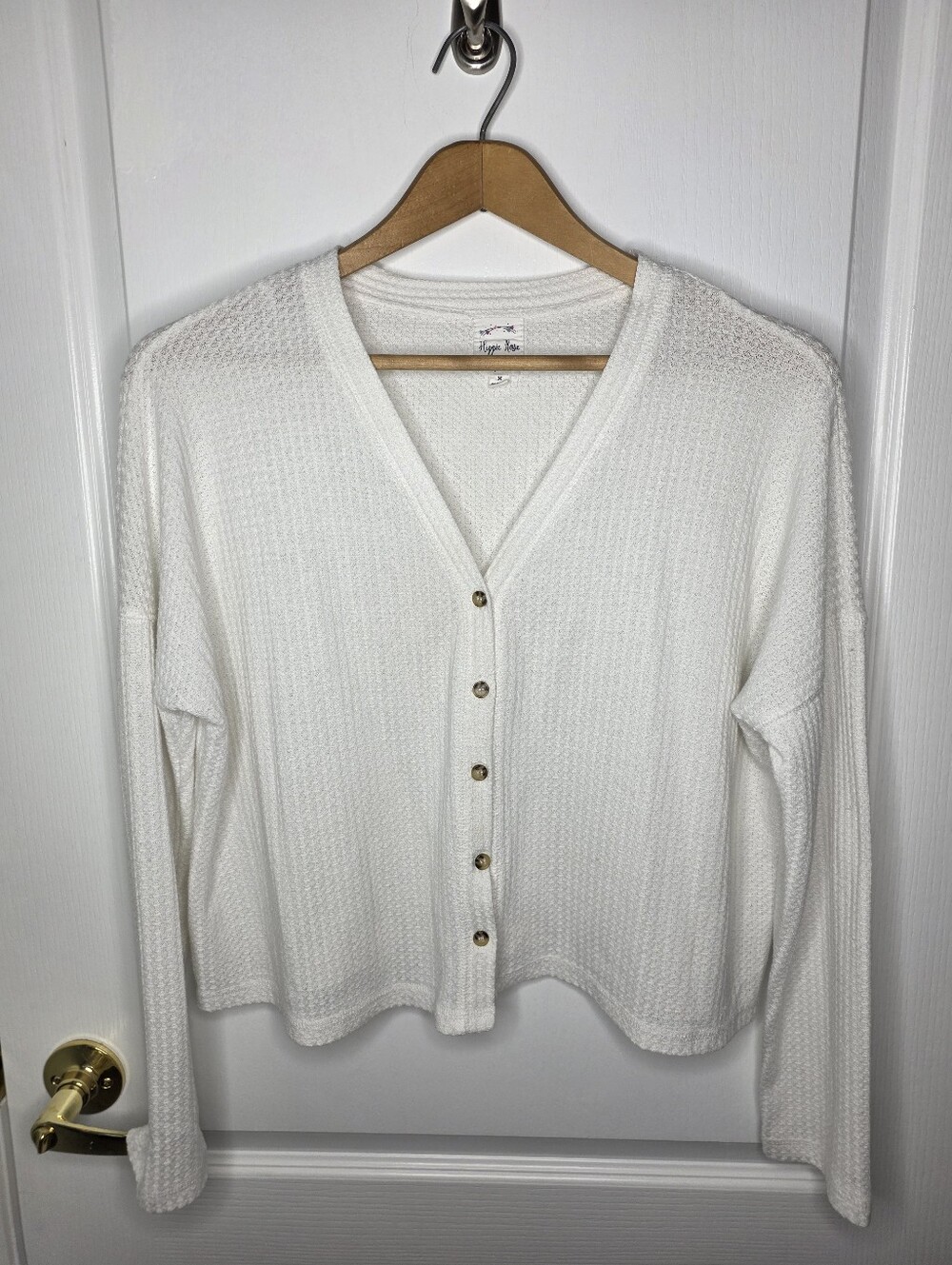 Hippie Rose Junior's Oversize White Waffle-Knit Button Front Cardigan SZ M